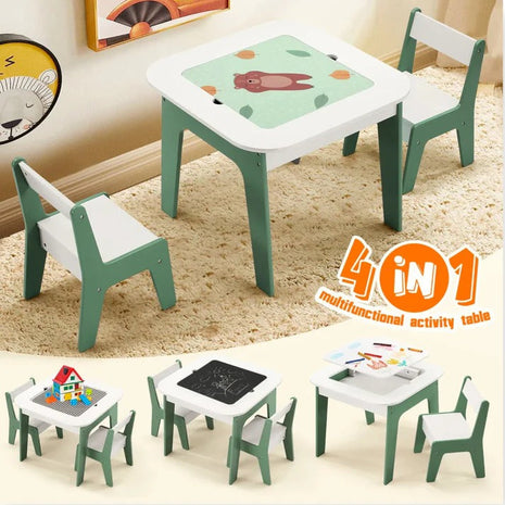 Dječiji sto sa stolicama 4 u 1, 2 vrha, tabla i vrh za slaganje LEGO konstruktora, šuma