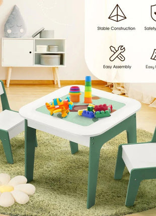 Dječiji sto sa stolicama 4 u 1, 2 vrha, tabla i vrh za slaganje LEGO konstruktora, šuma