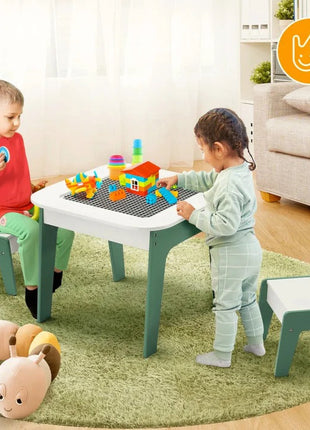 Dječiji sto sa stolicama 4 u 1, 2 vrha, tabla i vrh za slaganje LEGO konstruktora, šuma