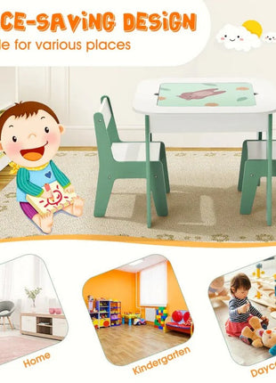 Dječiji sto sa stolicama 4 u 1, 2 vrha, tabla i vrh za slaganje LEGO konstruktora, šuma