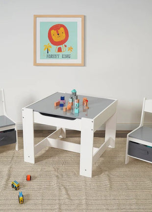 Dječiji drveni sto sa 2 stolice, komplet, dvostrani sa crnom tablom, 2 u 1 - za igru i odlaganje BELO/SIVA