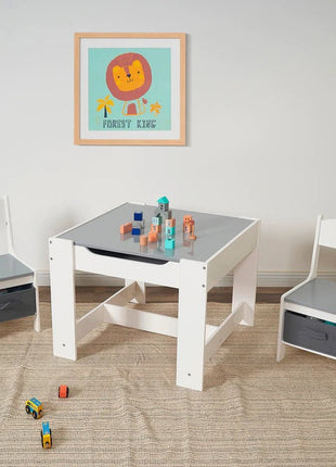 Dječiji drveni sto sa 2 stolice, komplet, dvostrani sa crnom tablom, 2 u 1 - za igru i odlaganje BELO/SIVA