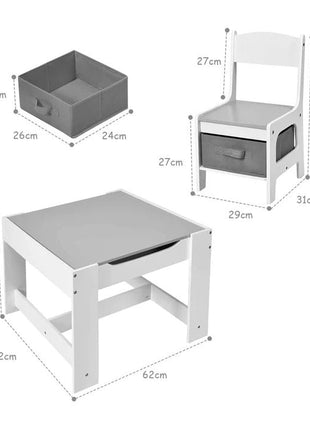 Dječiji drveni sto sa 2 stolice, komplet, dvostrani sa crnom tablom, 2 u 1 - za igru i odlaganje BELO/SIVA