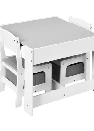 Dječiji drveni sto sa 2 stolice, komplet, dvostrani sa crnom tablom, 2 u 1 - za igru i odlaganje BELO/SIVA