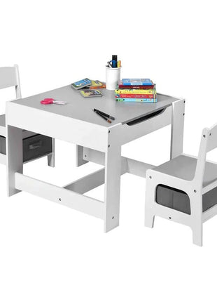 Dječiji drveni sto sa 2 stolice, komplet, dvostrani sa crnom tablom, 2 u 1 - za igru i odlaganje BELO/SIVA