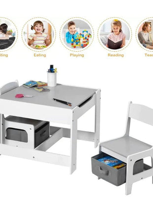 Dječiji drveni sto sa 2 stolice, komplet, dvostrani sa crnom tablom, 2 u 1 - za igru i odlaganje BELO/SIVA