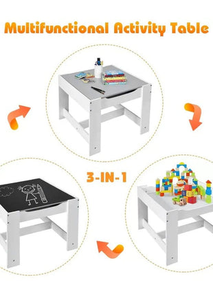 Dječiji drveni sto sa 2 stolice, komplet, dvostrani sa crnom tablom, 2 u 1 - za igru i odlaganje BELO/SIVA