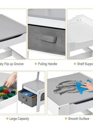 Dječiji drveni sto sa 2 stolice, komplet, dvostrani sa crnom tablom, 2 u 1 - za igru i odlaganje BELO/SIVA