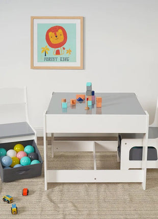 Dječiji drveni sto sa 2 stolice, komplet, dvostrani sa crnom tablom, 2 u 1 - za igru i odlaganje BELO/SIVA