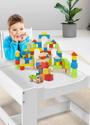 Dječiji drveni sto sa 2 stolice, komplet, dvostrani sa crnom tablom, 2 u 1 - za igru i odlaganje BELO/SIVA