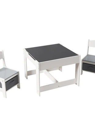 Dječiji drveni sto sa 2 stolice, komplet, dvostrani sa crnom tablom, 2 u 1 - za igru i odlaganje BELO/SIVA