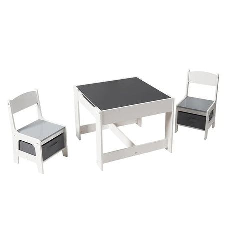 Dječiji drveni sto sa 2 stolice, komplet, dvostrani sa crnom tablom, 2 u 1 - za igru i odlaganje BELO/SIVA