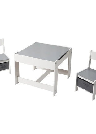 Dječiji drveni sto sa 2 stolice, komplet, dvostrani sa crnom tablom, 2 u 1 - za igru i odlaganje BELO/SIVA