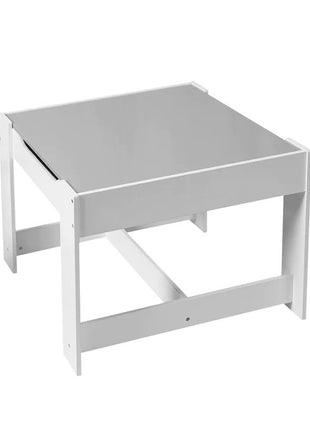 Dječiji drveni sto sa 2 stolice, komplet, dvostrani sa crnom tablom, 2 u 1 - za igru i odlaganje BELO/SIVA