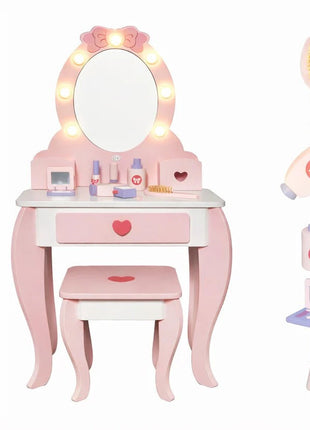 Dječiji drveni toaletni stočić sa ogledalom i svetlima KINDER HOME, roze, 92 cm