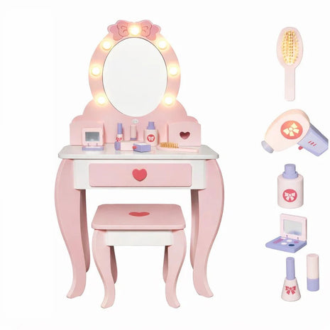 Dječiji drveni toaletni stočić sa ogledalom i svetlima KINDER HOME, roze, 92 cm