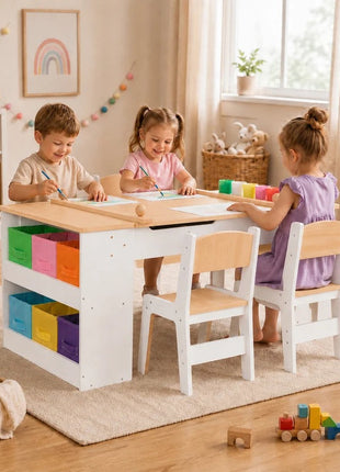 KINDER HOME 3 u 1 dječiji drveni sto sa 2 stolice, tablom za crtanje, organizatorom i rolnom papira