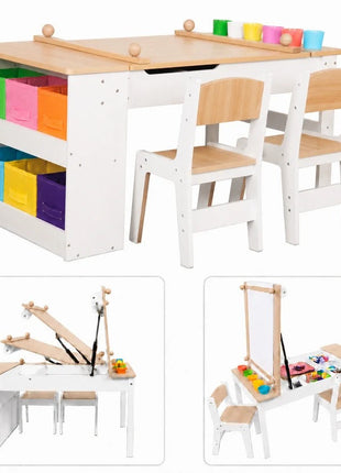 KINDER HOME 3 u 1 dječiji drveni sto sa 2 stolice, tablom za crtanje, organizatorom i rolnom papira