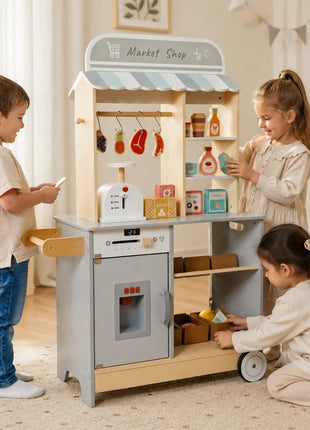 Dječija drvena prodavnica KINDER HOME 2 u 1, kuhinja, postolje, police, tabla i dodatna oprema
