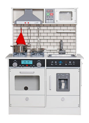 Dječija drvena kuhinja sa zvukom, svjetlom i priborom za kuvanje - bijelo/siva