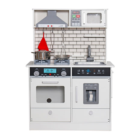 Dječija drvena kuhinja sa zvukom, svjetlom i priborom za kuvanje - bijelo/siva
