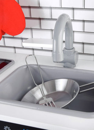 Dječija drvena kuhinja sa zvukom, svjetlom i priborom za kuvanje - bijelo/siva