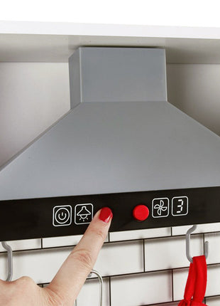 Dječija drvena kuhinja sa zvukom, svjetlom i priborom za kuvanje - bijelo/siva