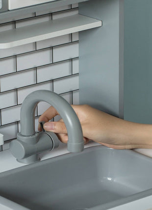 Dječija drvena kuhinja sa zvukom, svjetlom i priborom za kuvanje - bijelo/siva