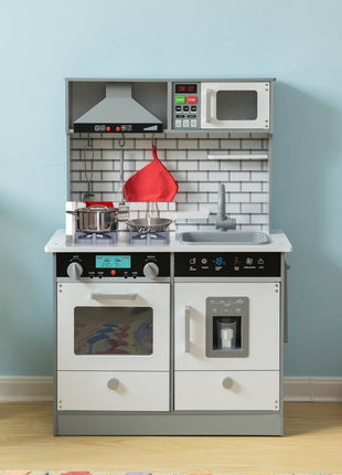 Dječija drvena kuhinja sa zvukom, svjetlom i priborom za kuvanje - bijelo/siva