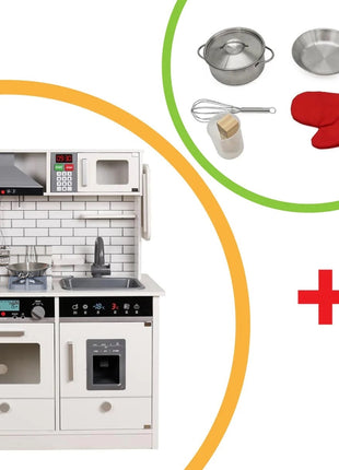 Dječija drvena kuhinja sa zvukom, svjetlom i priborom za kuvanje - bijelo/siva