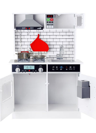 Dječija drvena kuhinja sa zvukom, svjetlom i priborom za kuvanje - bijelo/siva