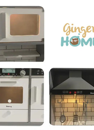 Dječija drvena kuhinja sa zvukom, svjetlom i priborom za kuvanje - bijelo/siva