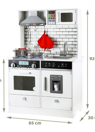 Dječija drvena kuhinja sa zvukom, svjetlom i priborom za kuvanje - bijelo/siva