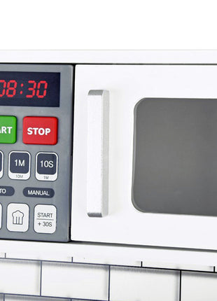 Dječija drvena kuhinja sa zvukom, svjetlom i priborom za kuvanje - bijelo/siva