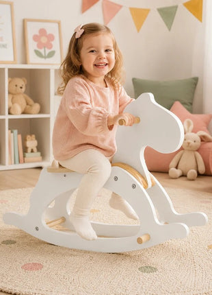 Dječiji drveni konj za ljuljanje KINDER HOME, beli, puno drvo, Montesori igračka