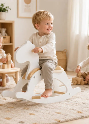 Dječiji drveni konj za ljuljanje KINDER HOME, beli, puno drvo, Montesori igračka