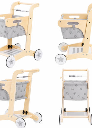 Dječija drvena hodalica GINGER HOME – Kolica za kupovinu sa korpom, igračka za guranje, Montessori, 52 cm
