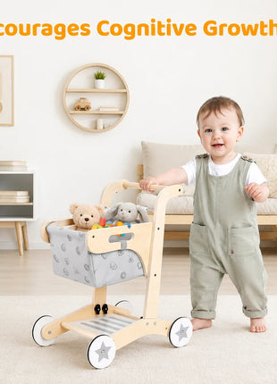 Dječija drvena hodalica GINGER HOME – Kolica za kupovinu sa korpom, igračka za guranje, Montessori, 52 cm