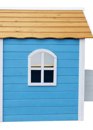 DJečija drvena kućica za igru KINDER HOME – Za igranje uloga, dvorište i baštu, plava, 118×138×132,5