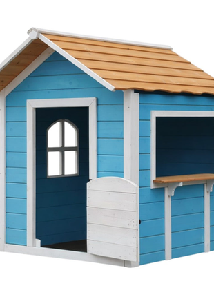 DJečija drvena kućica za igru KINDER HOME – Za igranje uloga, dvorište i baštu, plava, 118×138×132,5