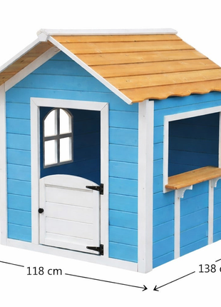 DJečija drvena kućica za igru KINDER HOME – Za igranje uloga, dvorište i baštu, plava, 118×138×132,5