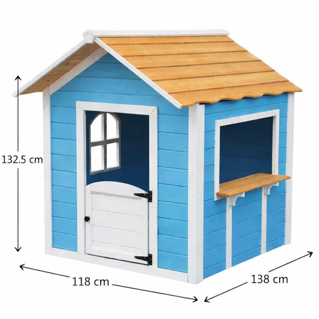 DJečija drvena kućica za igru KINDER HOME – Za igranje uloga, dvorište i baštu, plava, 118×138×132,5