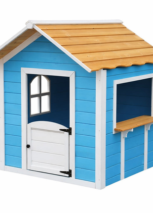 DJečija drvena kućica za igru KINDER HOME – Za igranje uloga, dvorište i baštu, plava, 118×138×132,5