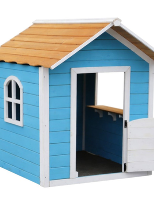 DJečija drvena kućica za igru KINDER HOME – Za igranje uloga, dvorište i baštu, plava, 118×138×132,5