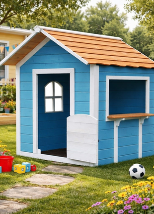 DJečija drvena kućica za igru KINDER HOME – Za igranje uloga, dvorište i baštu, plava, 118×138×132,5