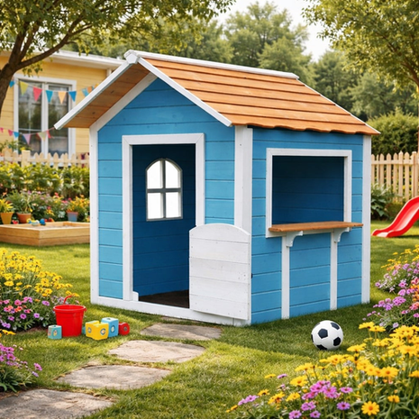 DJečija drvena kućica za igru KINDER HOME – Za igranje uloga, dvorište i baštu, plava, 118×138×132,5