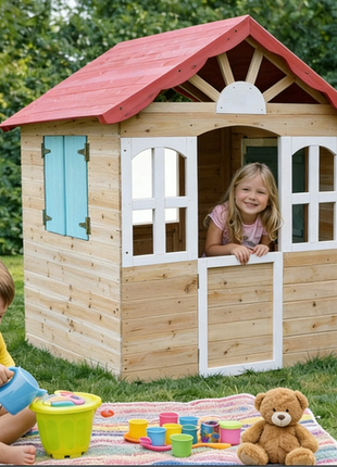 Dječija drvena kućica za igru na otvorenom KINDER HOME - za dvorište i baštu, 115×102×129 cm