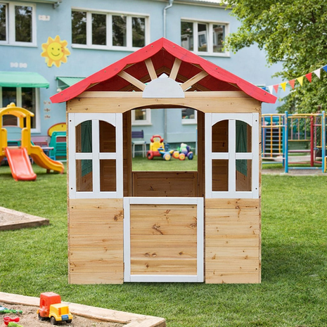 Dječija drvena kućica za igru na otvorenom KINDER HOME - za dvorište i baštu, 115×102×129 cm