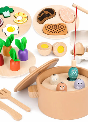 Dječiji drveni kuhinjski set GINGER HOME, lonac sa namirnicama, pecanje i sorter, Montessori, 27 dijelova