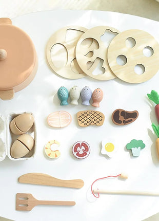 Dječiji drveni kuhinjski set GINGER HOME, lonac sa namirnicama, pecanje i sorter, Montessori, 27 dijelova